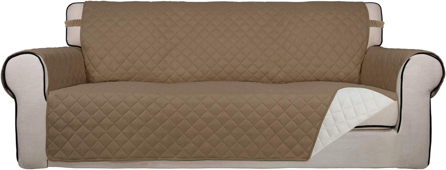 PureFit Reversible Quilted Sofa Cover, Water Resistant Slipcover Furniture Protector, Washable Couch Cover with Non Slip and Elastic Straps for Kids, Dogs, Pets (Sofa, Camel/Ivory)