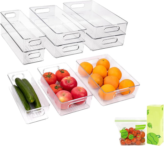 6 Pack Refrigerator Organizer Bins,3 Sizes Clear Pantry Storage with Handles and 30 PCS Plastic Bags for Fridge, Freezer, Shelves, Drawer, Bins, Snack Organizer for Home & Kitchen