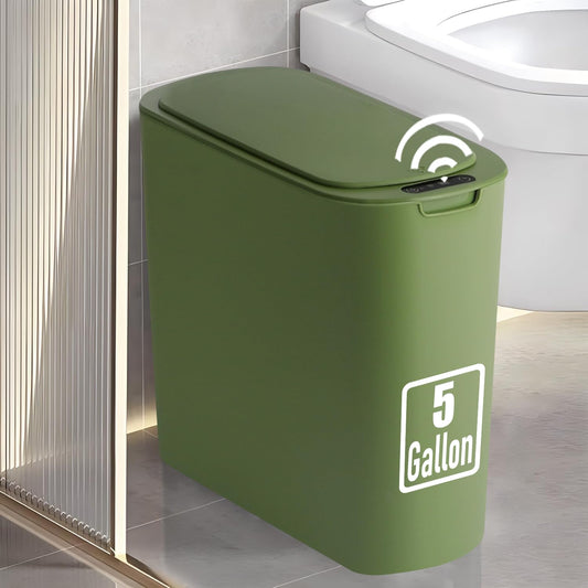 5 Gallon Motion Senor Bathroom Trash Can with Lid, Automatic Garbage Can Touchless, Smart Plastic Waste Basket for Narrow Spaces, Bathroom, Office, Bedroom, Living Room (Green)