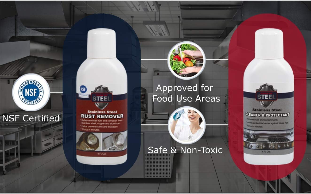 CLEAN MY STEEL Stainless Steel Rust Stain Remover & Cleaner Kit, NSF Safe for Food Areas. Includes Cleaner for Commercial Equipment, Appliances, Gloves & Sponge (8.5 oz)