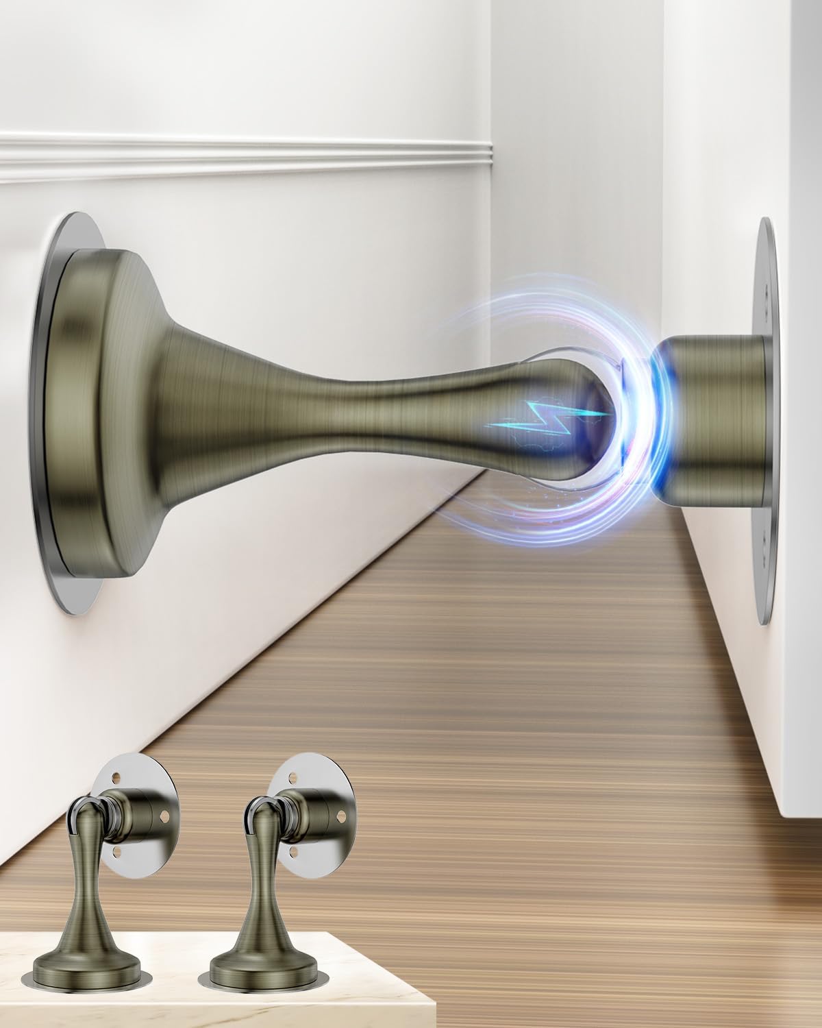 Door Stoppers Magnetic Door Catch - 2 Pack Stainless Steel Heavy Duty Door Stops for Bottom of Door, Wall & Floor Mounting No-Drill Strong Adhesive & Screws, Door Holder to Keep Door Open,Bronze