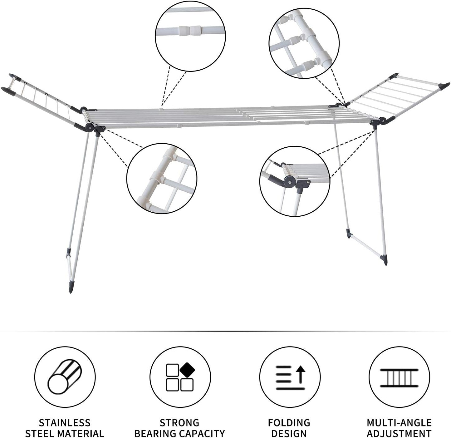 Clothes Drying Rack, Gullwing Laundry Rack Adjustable and Foldable for Easy Storage Indoor and Outdoor, White & Gray