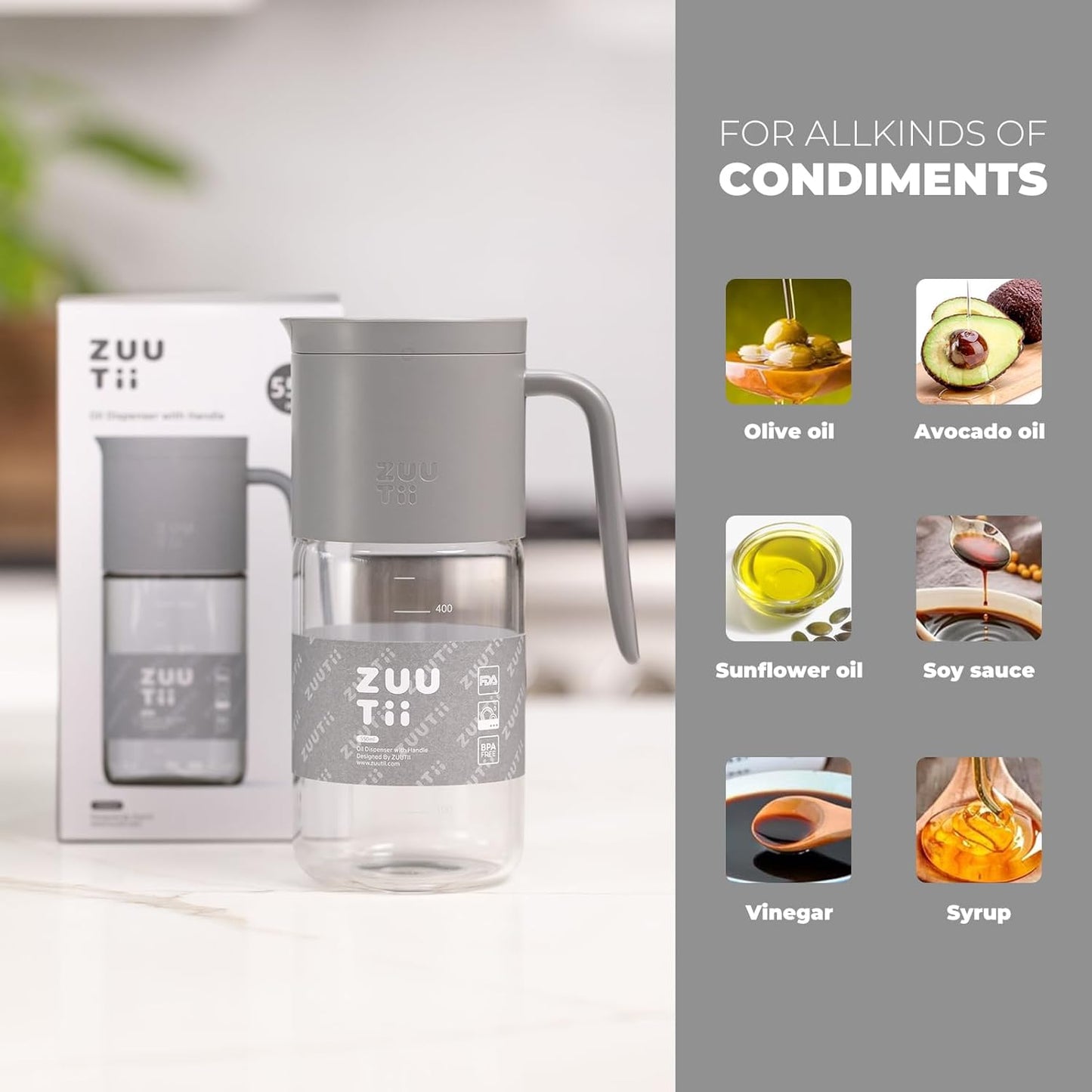 Zuutii Olive Oil Dispenser Bottle 18.6oz – Auto Flip Glass Vinegar Bottle with No-Drip Spout for Kitchen Cooking, Oil and Sauce Dispenser,Gray