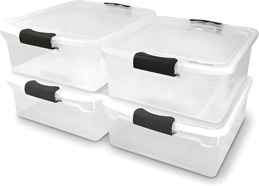 HOMZ 4-Pack Latching Lid, Clear Plastic Storage Organizer Bins, 15.5 Quart, Gray Latch - Stackable Organizing Containers for Home, Garage, and Office