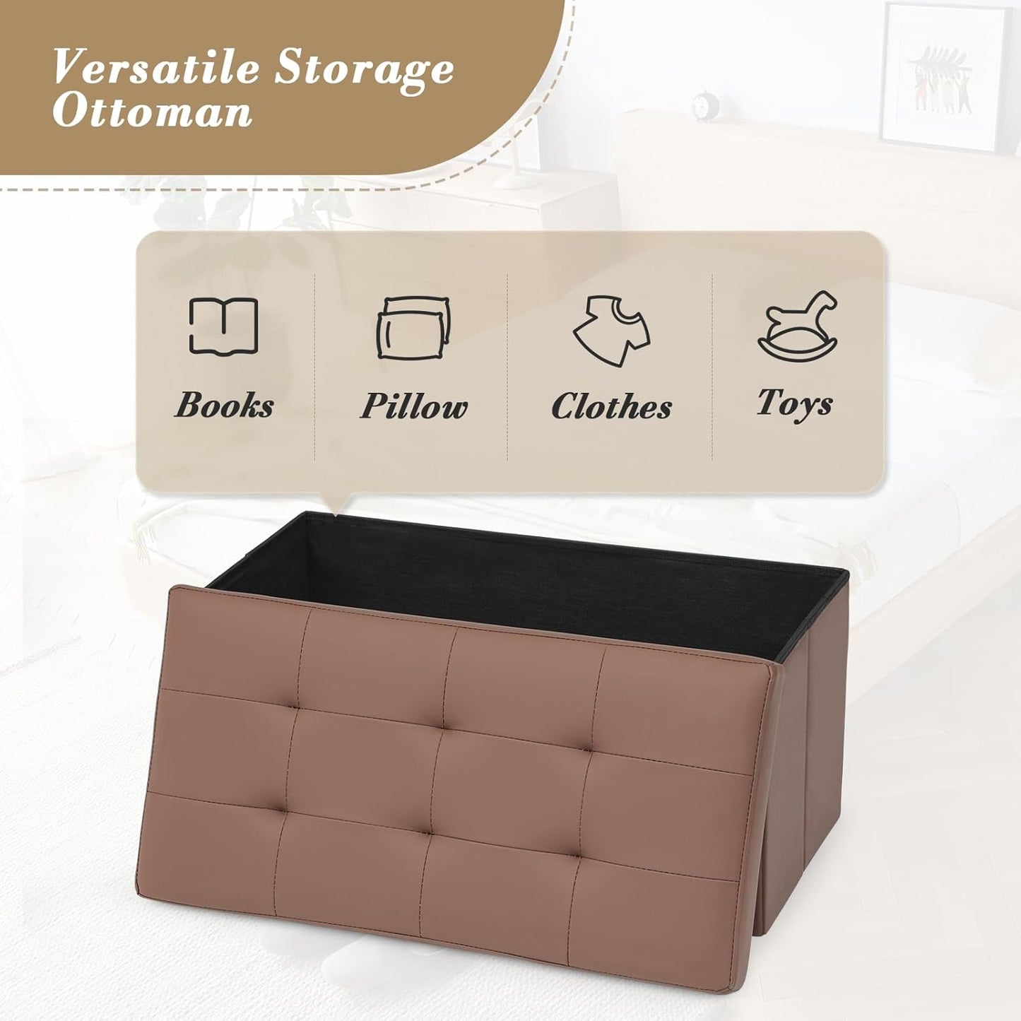 Athena Collection 30" Storage Ottoman Bench Folding Bench with 90L Hidden Storage, Large End of Bed Bench PU Leather Foot Rest Stool Chest with Flipping Lid for Living Room, Bedroom, Entryway, Brown