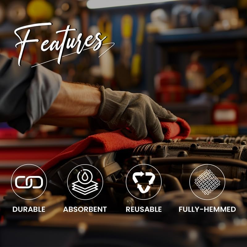 Auto Mechanic Shop Towels (13"x14"), 12 Pack Red - 100% Cotton Commercial Grade Rags for Cleaning & Maintenance, Garage Supplies - Professional Mechanics Reusable Wipes