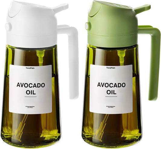 TrendPlain - 16oz Olive Oil Dispenser for Kitchen - 2 in 1 Olive Oil Dispenser and Oil Sprayer - Olive Oil Dispenser Bottle w/Stickers - Olive Oil Sprayer for Cooking 2Pcs White&Green (Light Blockage)