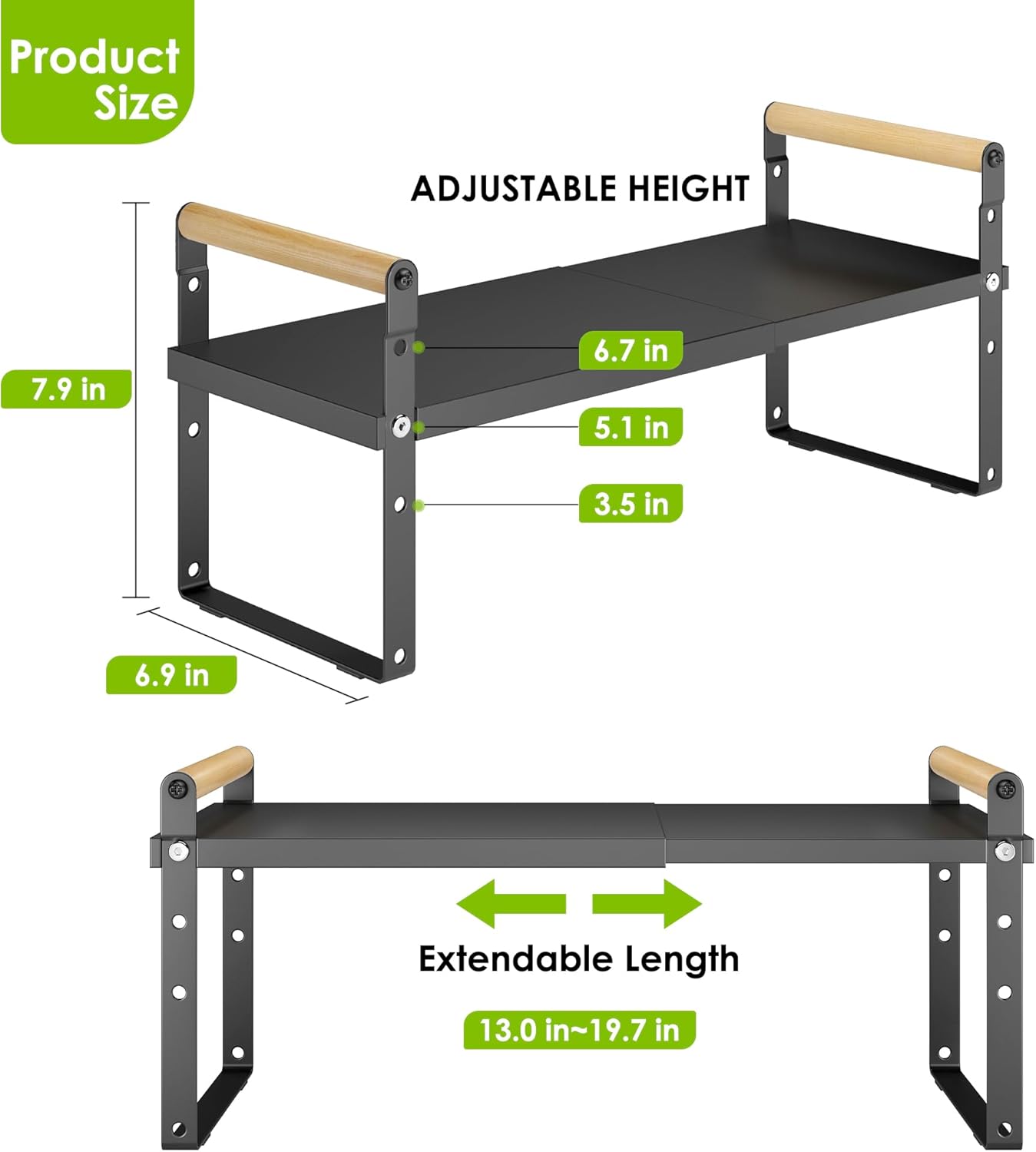 DOLALIKE Expandable kitchen Countertop Organizer, Stackable Cabinet Shelf Organizers, Space Saving Spice Rack Pantry Storage for Bathroom Office Organization (6.9''D*13-19.7''W*7.9''H, Black)