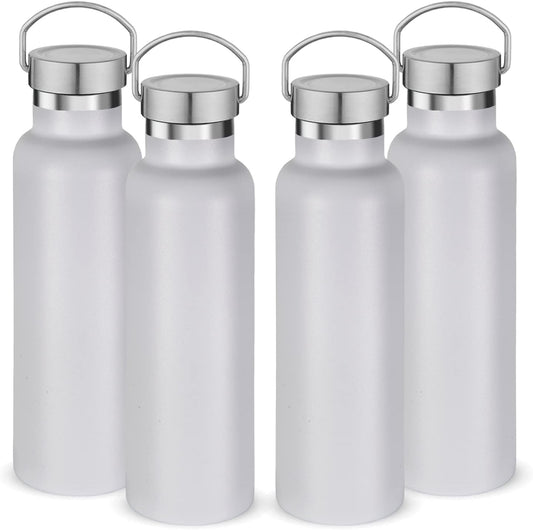 Neihepal 20 oz Insulated Water Bottles Bulk 4 Pack,Stainless Steel Double Wall Sport Bottle with Lid of Handle,Metal Reusable Thermoses Flask with Cup Cap for School,Hikers,Gift (White,Set of 4)