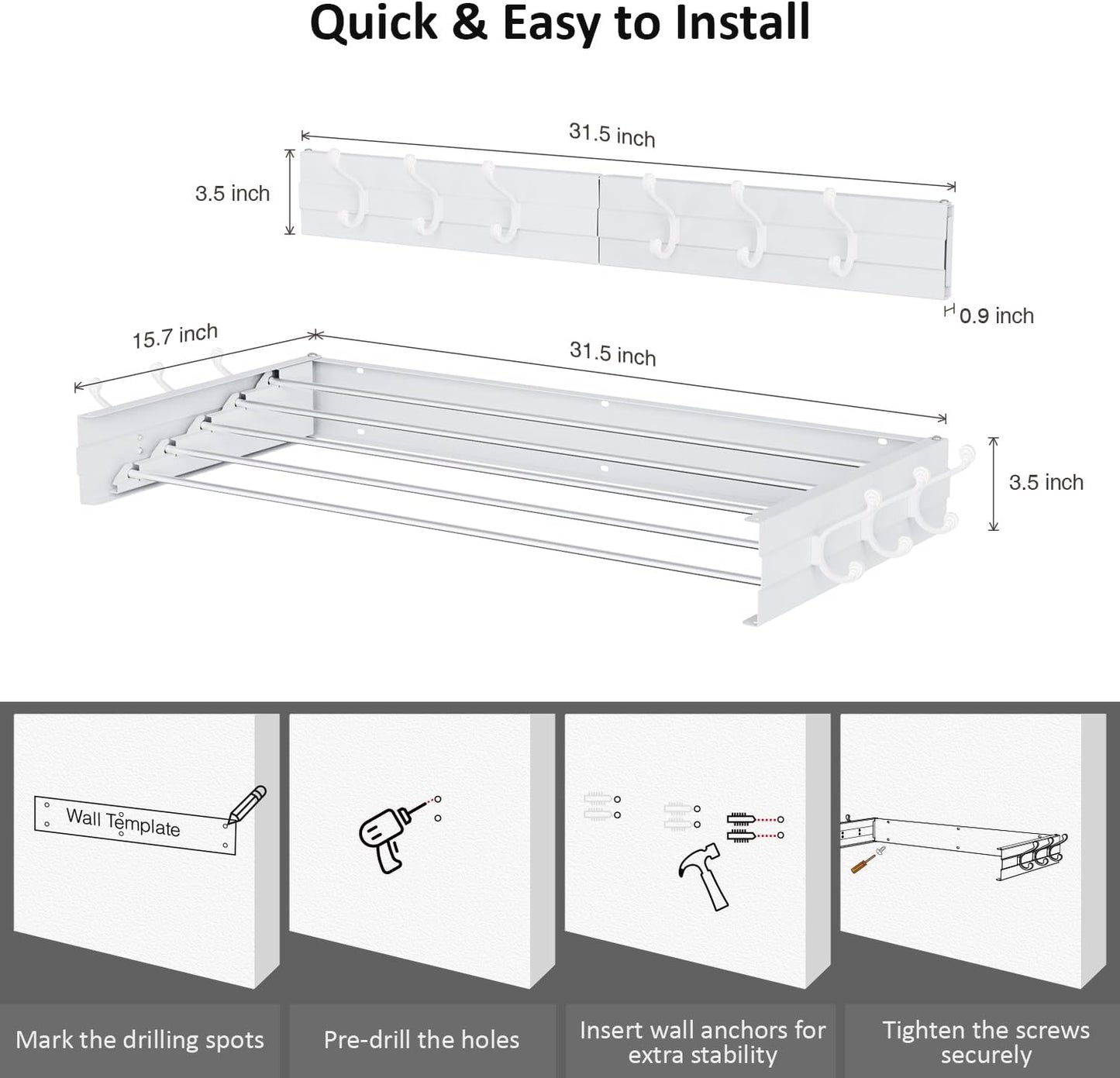 Laundry Drying Rack, Collapsible Wall Mounted Clothes Drying Rack - Foldable,Space Saving, 13.2 Linear Ft, 5 Aluminum Rods, 60 lb Capacity (White, 31.5" Wide)