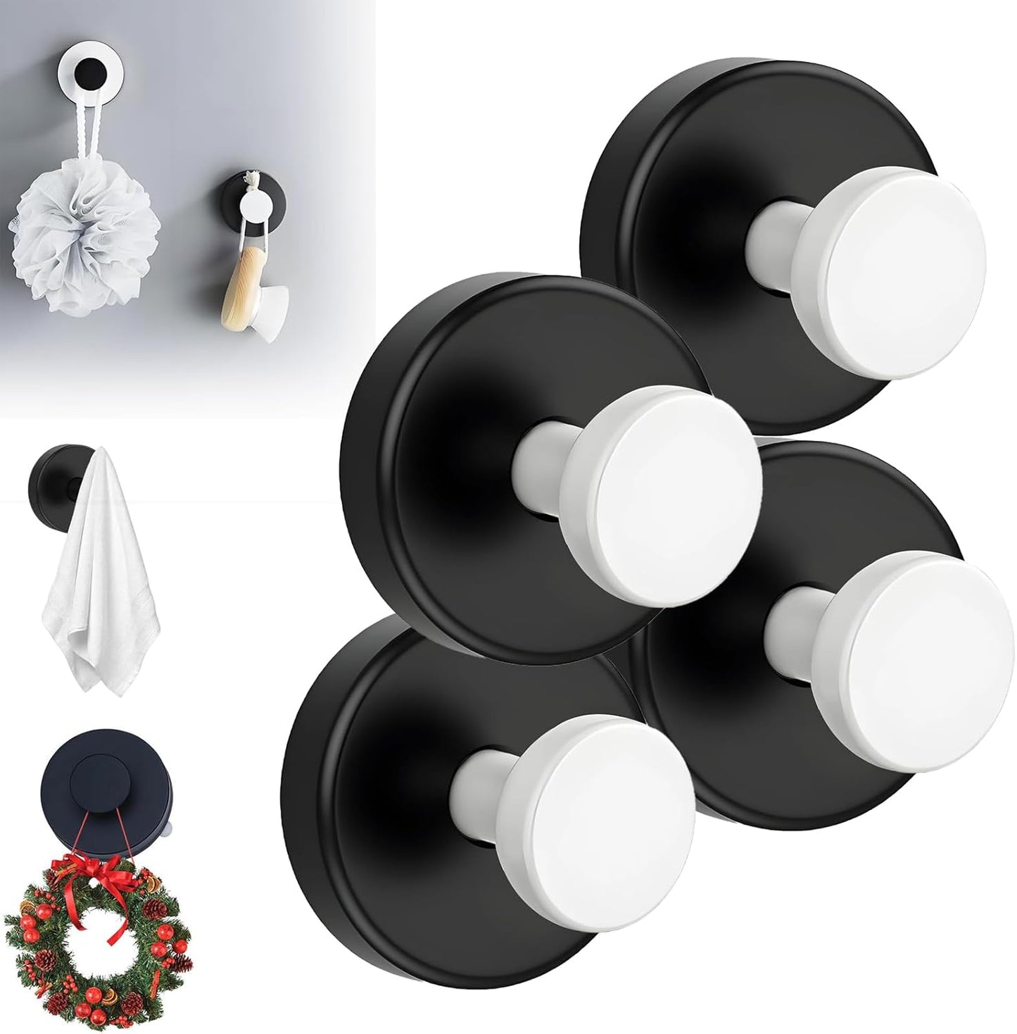 Suction Cup Hooks for Wreaths, 2025 New No Drill Suction Cup Hooks on Glass, Wreath Hanger for Front Door, Rustproof Hook Holder Towel Hook for Window Bathroom Mirrors Tile (4, Black A)