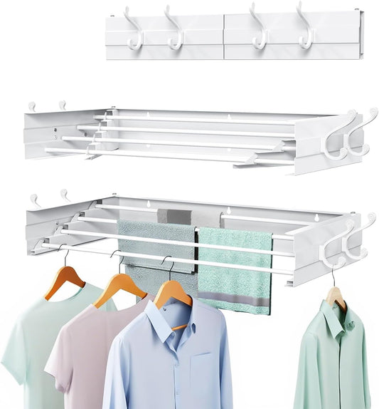Laundry Drying Rack, Collapsible Wall Mounted Clothes Drying Rack - Foldable,Space Saving, 13.2 Linear Ft, 4 Aluminum Rods, 60 lb Capacity (White, 23.6" Wide)