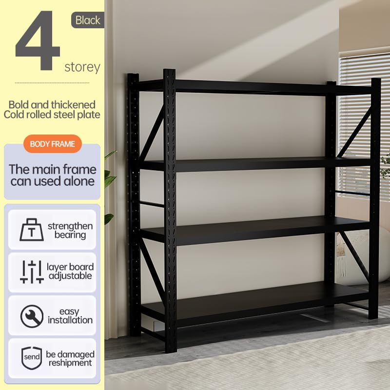 Storage Shelves Heavy Duty, Metal Garage Shelving Units, 4 Tier Storage Rack Shelf, Steel Industrial Shelving, Adjustable Standing Shelf for Basement/Warehouse (Black, W47.24*D19.69*H78.74)
