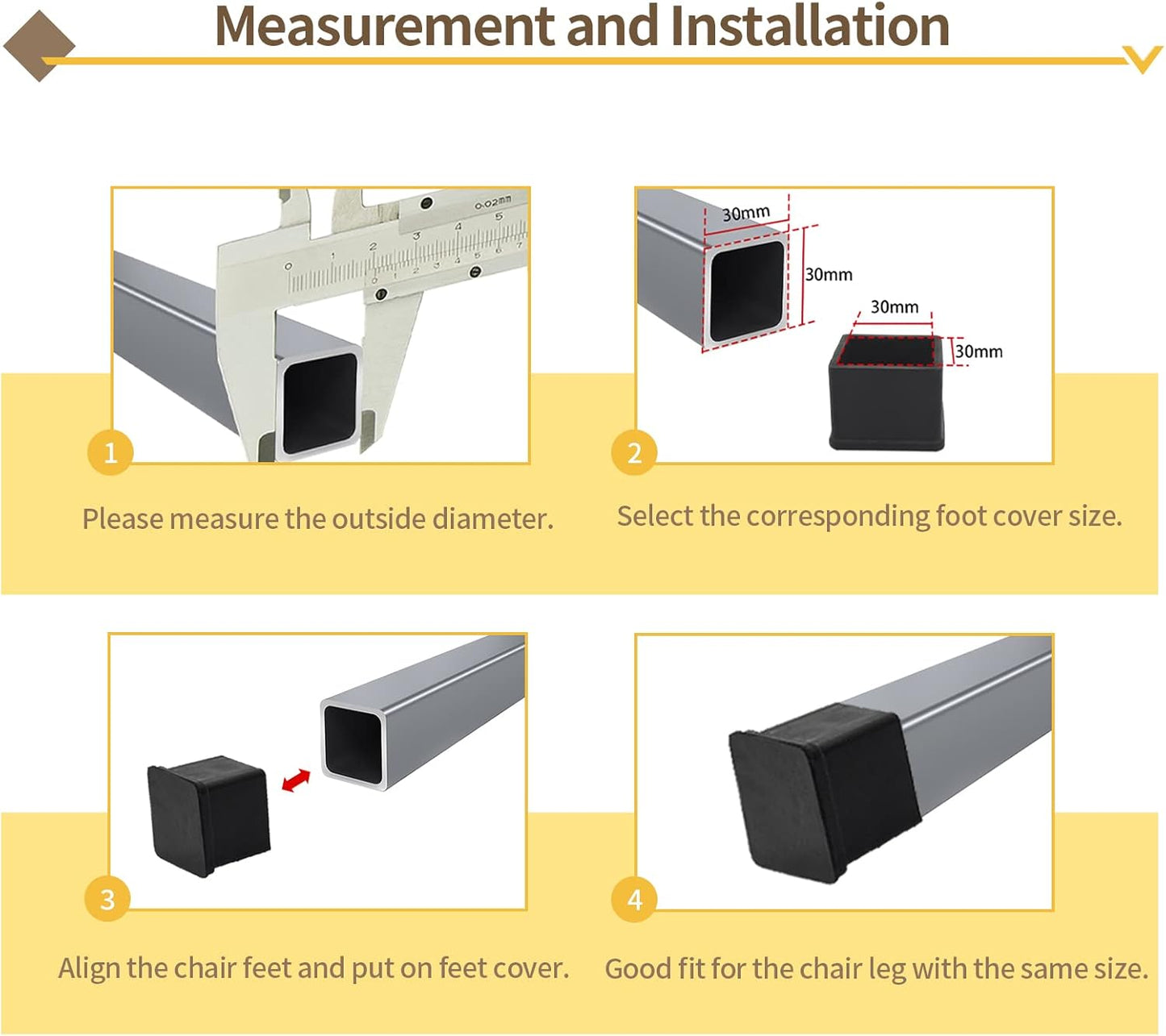 Flyshop Heavy Duty Non-Slip Rubber Leg Tips Floor Protectors Square Chair Leg Caps 25mm x 25mm (1" x 1") 20pcs Black