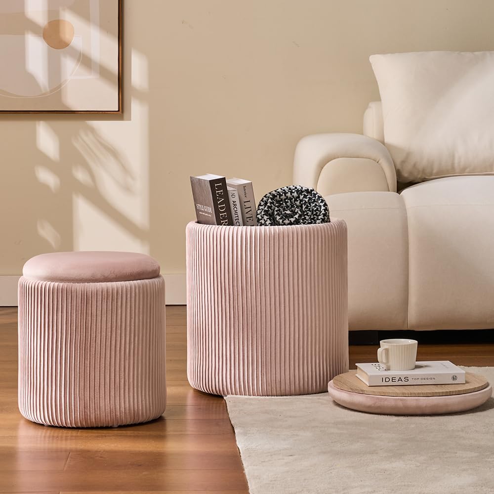 Round Set of 2 Ottoman with Storage-Upholstered Velvet Vanity Stool for Makeup Multifunctional Ottomans Coffee Table Padded Seat Foot Rest for Living Room&Bedroom (Pink)