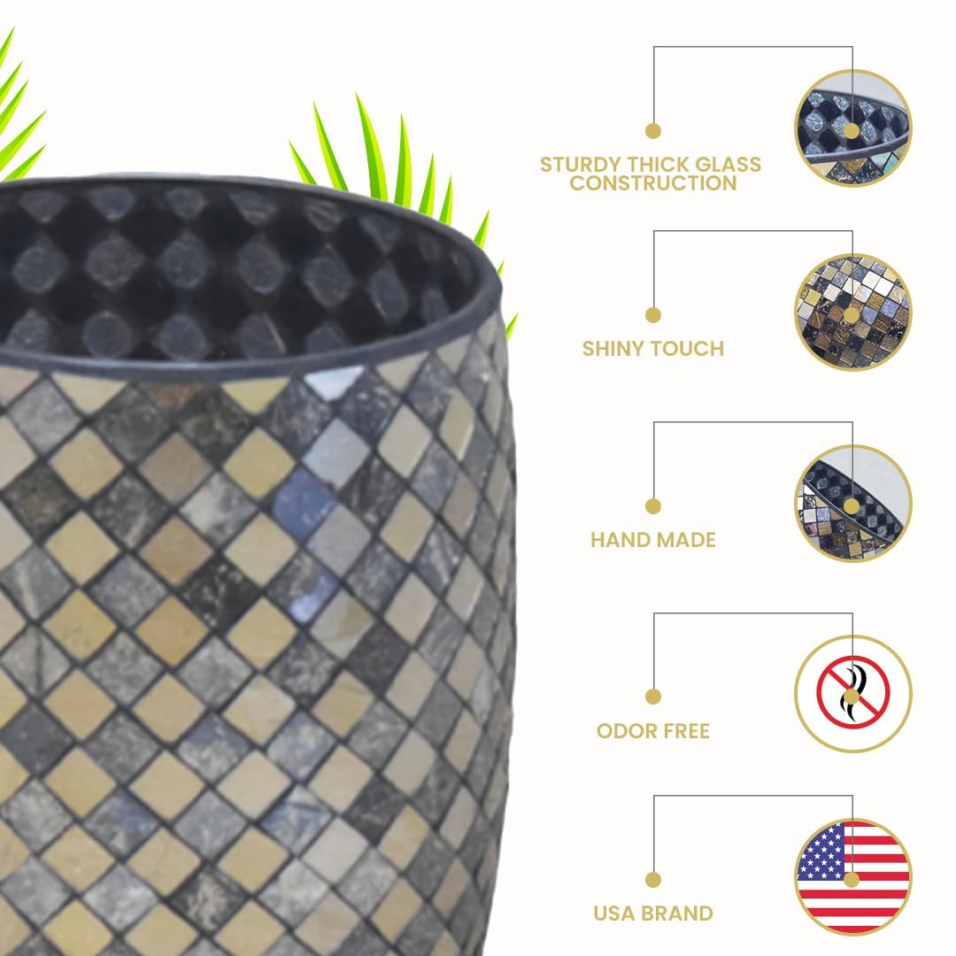 Escenzy Modern Bathroom Trash Can Mosaic Glass 5L | Decorative Small Garbage Can | 7" x 10" | Luxury Waste Basket for Restroom, Office, Bedroom & Kitchen | Shiny Black and Gold Bathroom Accessories