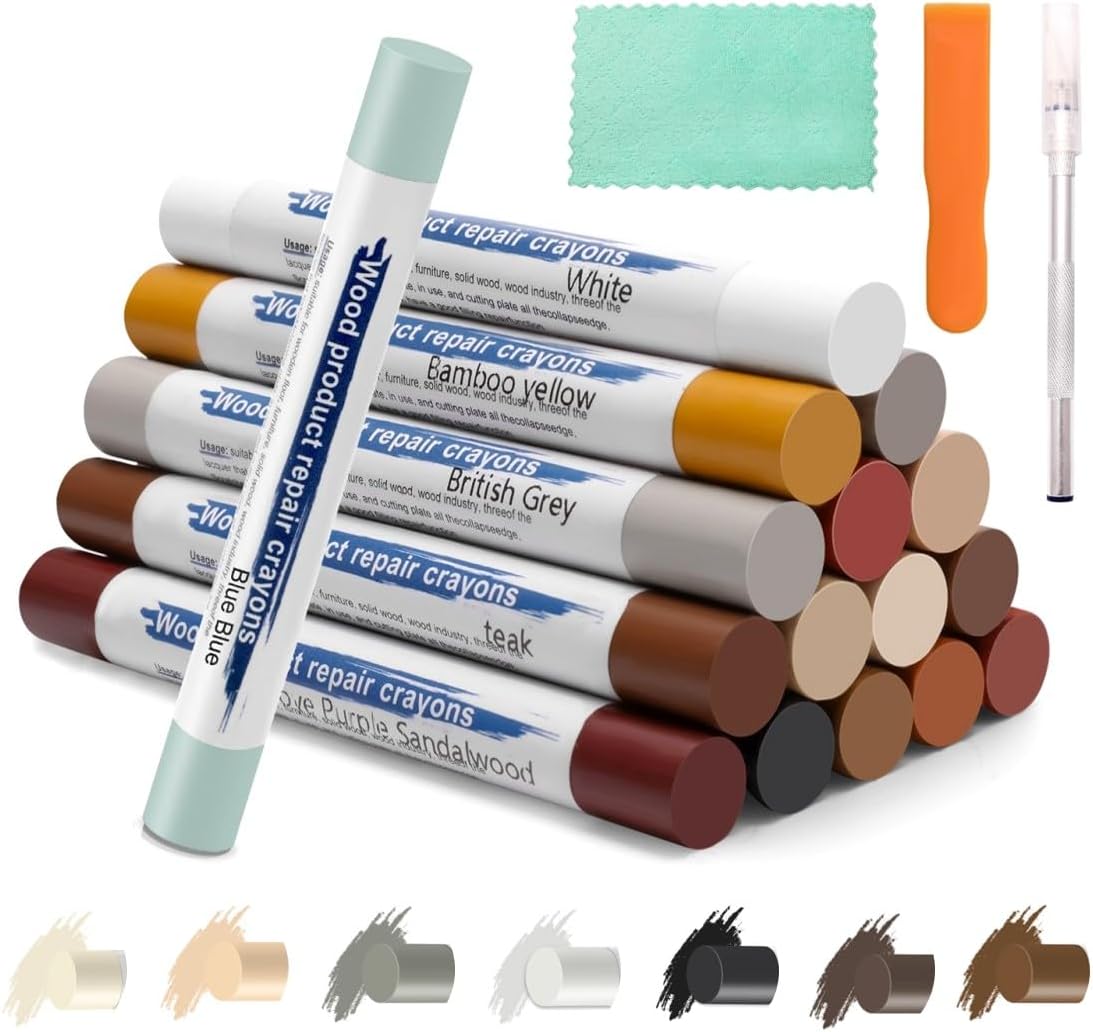 16+4P Wood Filler Sticks with 1P Box, 1P Knife, 1P Scraper and 1P Rag, Pletpet 16 Color Furniture Crayon Touch Up Wood Filler Nail Hole Wax Sticks for Repairing Scratches and Nail Holes (16p)