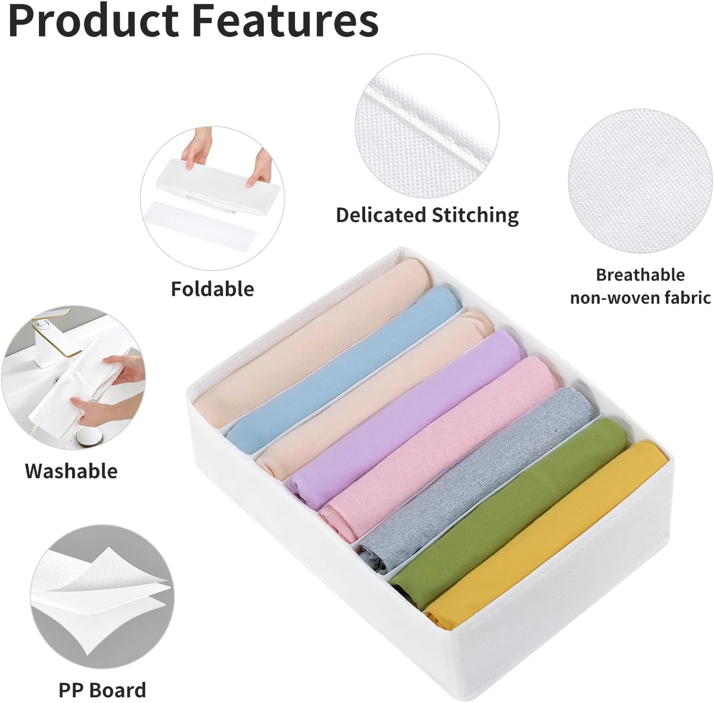 4 Packs T-shirt Drawer Organizers for Clothing,8 Grids Compartment Wardrobe Storage Box, Washable Clothes Organizer for Folded Clothes, T-shirt, Legging, Silk Scarve-White