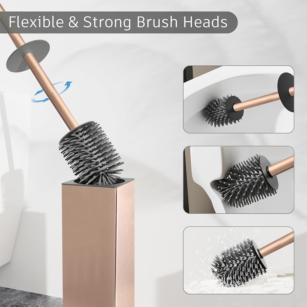 BGL Standing Toilet Brush and Holder Rose Gold Aluminium Toilet Bowl Cleaner Brush and Holder for Bathroom Storage and Organization, Square Design Sturdy and Space Saving