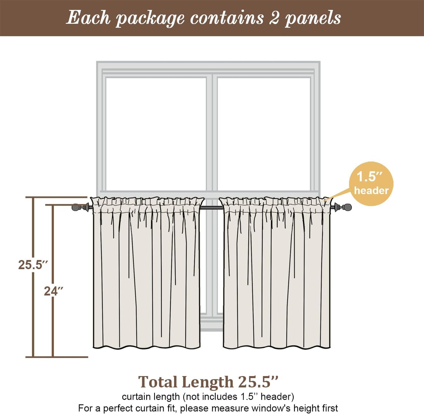 Chyhomenyc Sheer Curtains Tiers 2 Pieces Set, Light Filtering Small Curtains 24 in Length, Short Bathroom Living Room Cafe Basement Voile Window Curtains, Rod Pocket, 42W x 24L Inches, Ivory