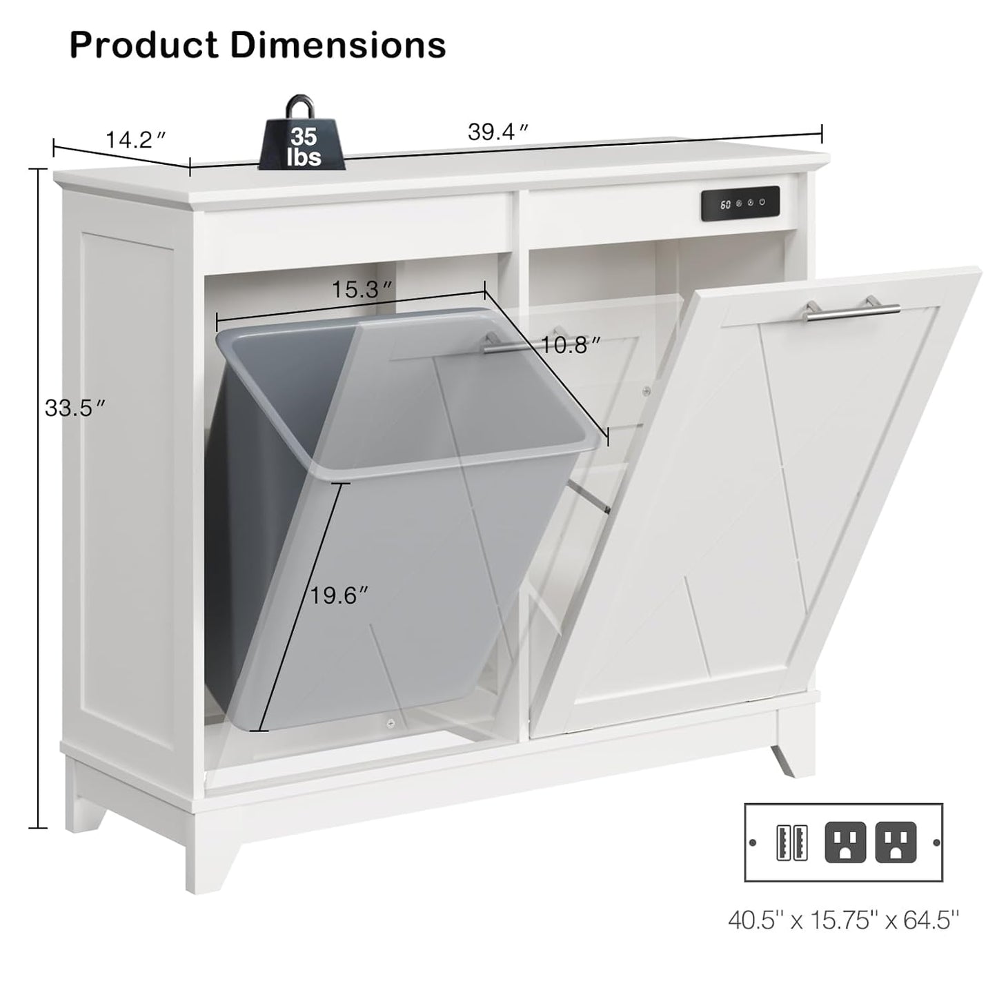 Double Tilt Out Trash Can Cabinet, 10 * 2 Gallon Garbage Trash Bin with Charging Station and Deodorizing Function, Dog-Proof Storage Cabinet for Hidden Bathroom Laundry Hamper, White