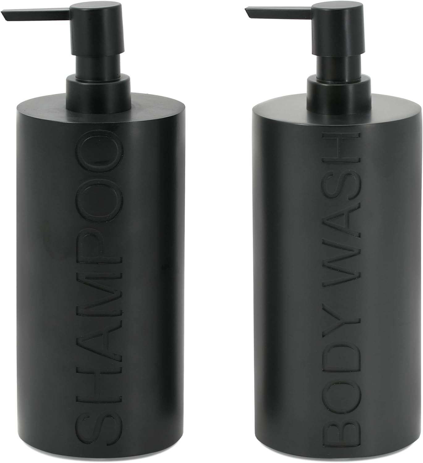 Matte Black Resin 2 Piece Shampoo and Body Wash Dispenser Set, Luxurious Refillable Pump Bottles with Matte Pump Top and Embossed Text, Durable Design for Bathroom and Shower