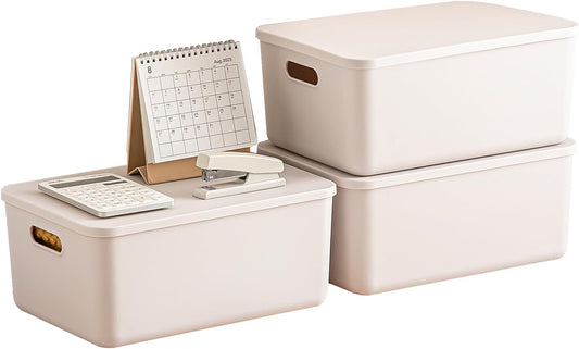 Plastic Storage Bins with lids,Storage Baskets,Container with handle,Storage Organizer Bins for Shelves,Office,Bedrooms,Closets, Cabinets(Gray, 3M)