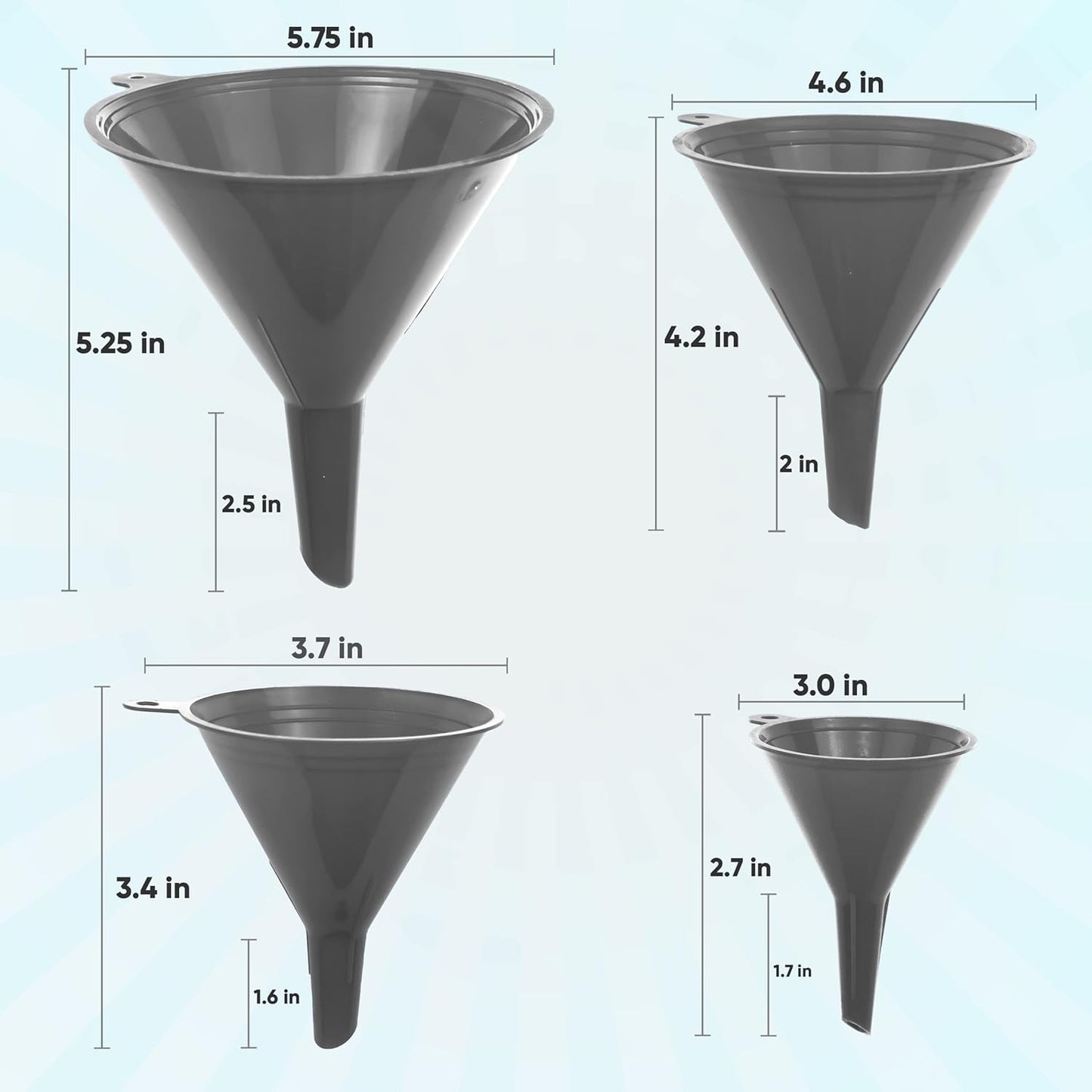 Funnel Gray in 4 Different Sizes (122, 101, 76 & 50mm) Durable & Non-Toxic Food Grade Plastic -Funnels for Filling Bottles or Containers – Ideal for Kitchen, Garage & Labs