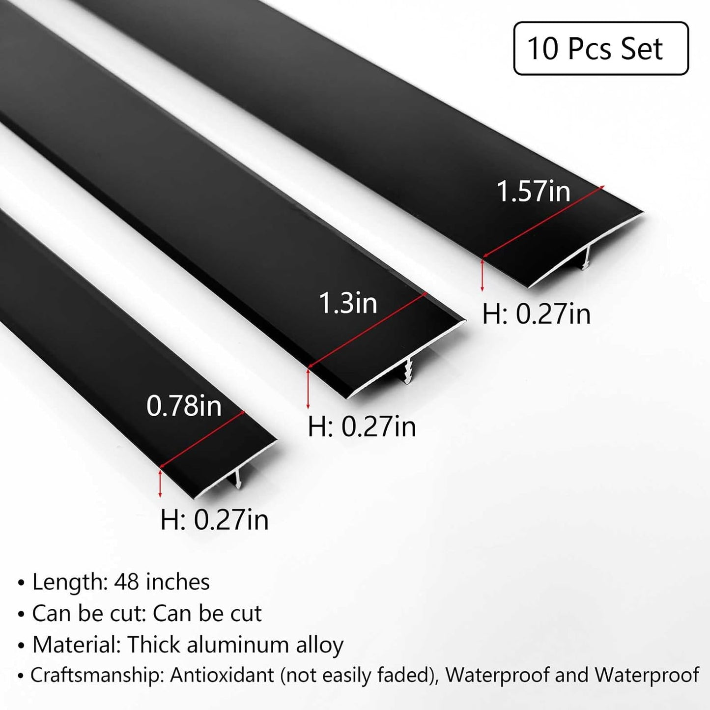 10Pcs Aluminum T Molding Floor Transition Strip, 48In Aluminum T Molding Trim, Floor Strip Floor Flat Divider Strip for Joining Floor Gaps, Threshold, Floor Tiles (Black, 4ft x 1.3in 10Pcs)