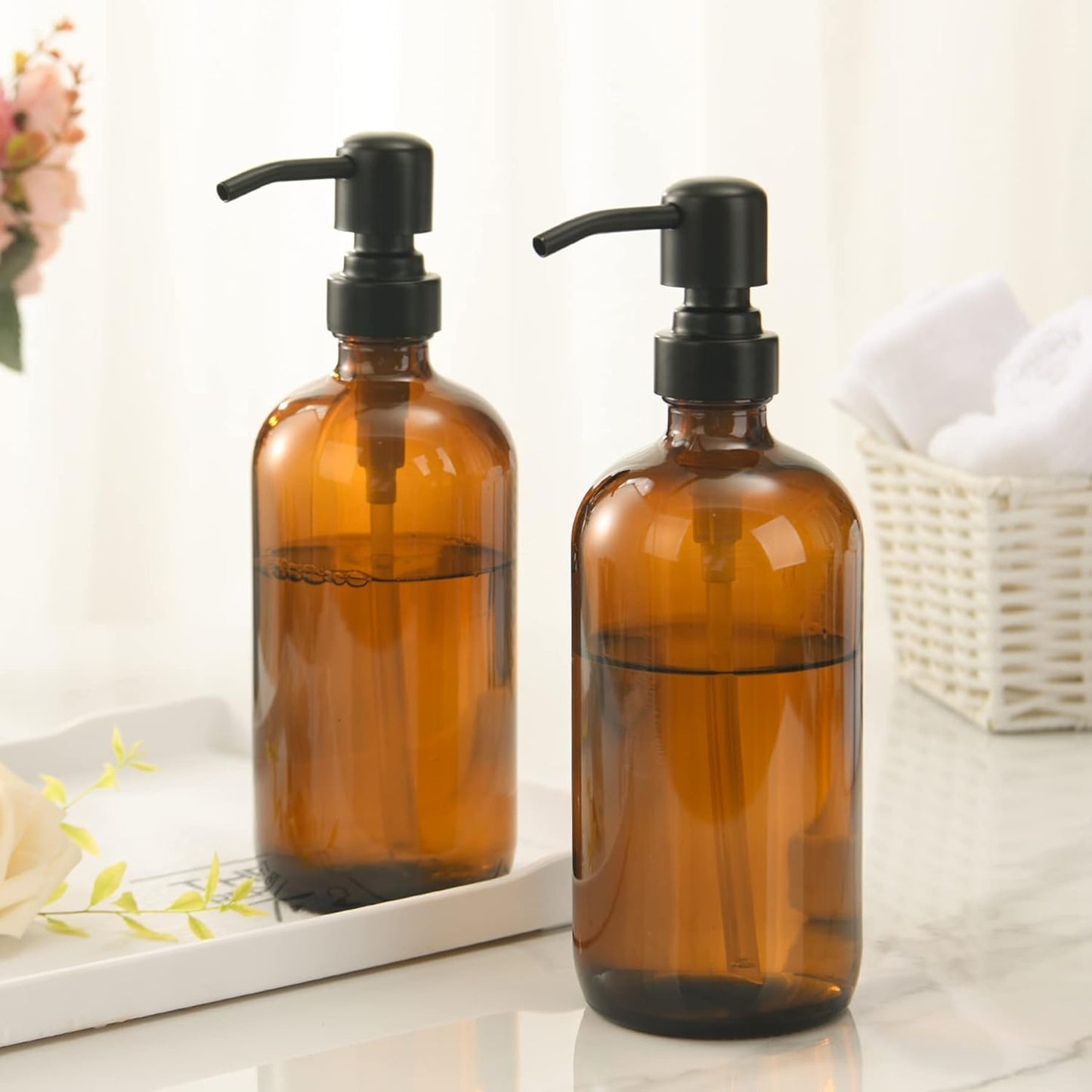 AmazerBath Amber Glass Soap Dispenser, 2 Pack Soap Dispenser Set with Stainless Steel Pump, Vintage Liquid Brown Soap Dispensers Bottle, 17 Oz Dish Soap and Hand Soap Dispensers for Bathroom Kitchen