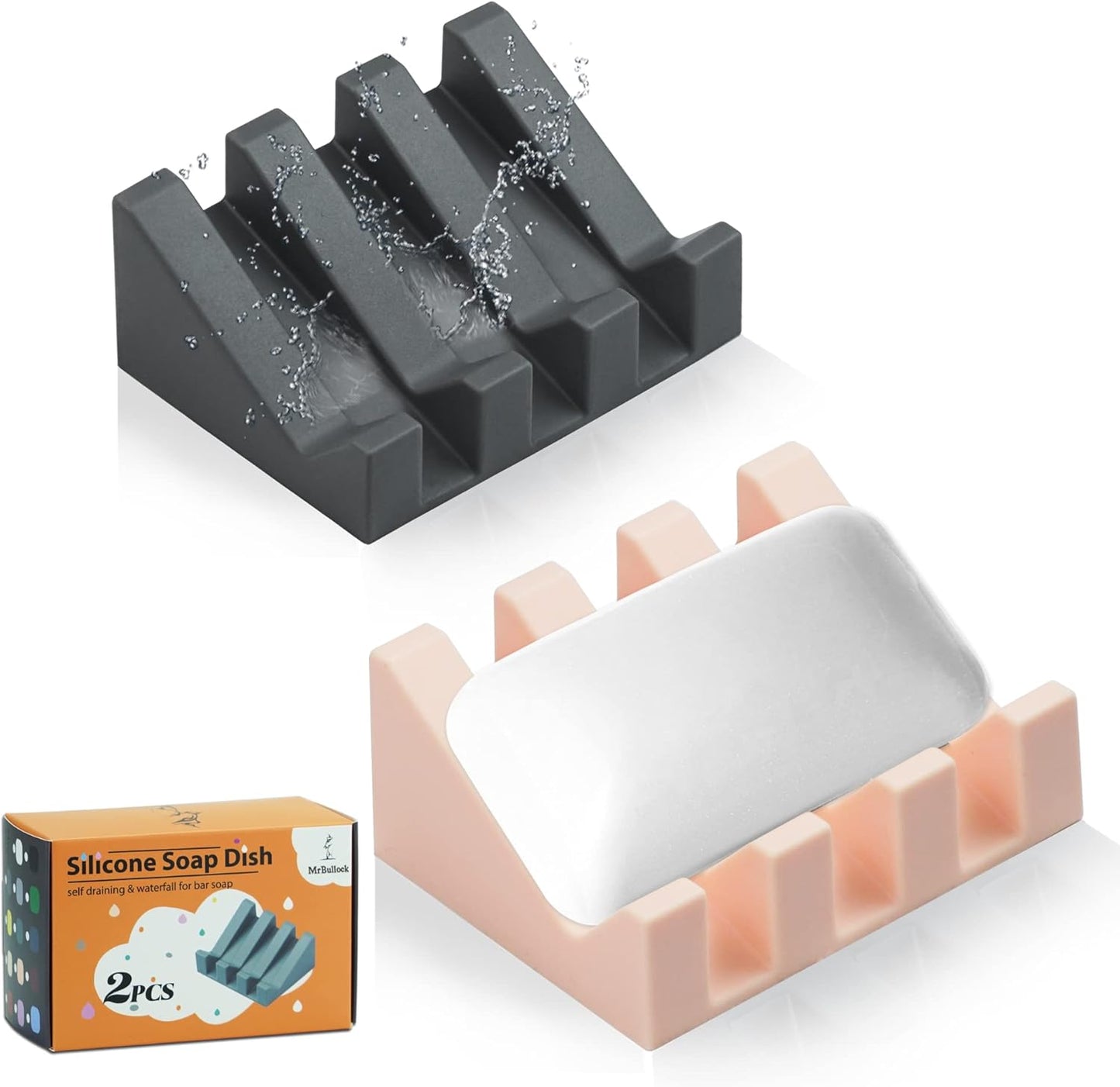 Silicone Soap Dish for Bar Soap Holder for Shower Bathroom Self Draining Waterfall Drying Tray Keep Soap Bars Dry Clean & Easy Cleaning (Grey/Pink, 2)