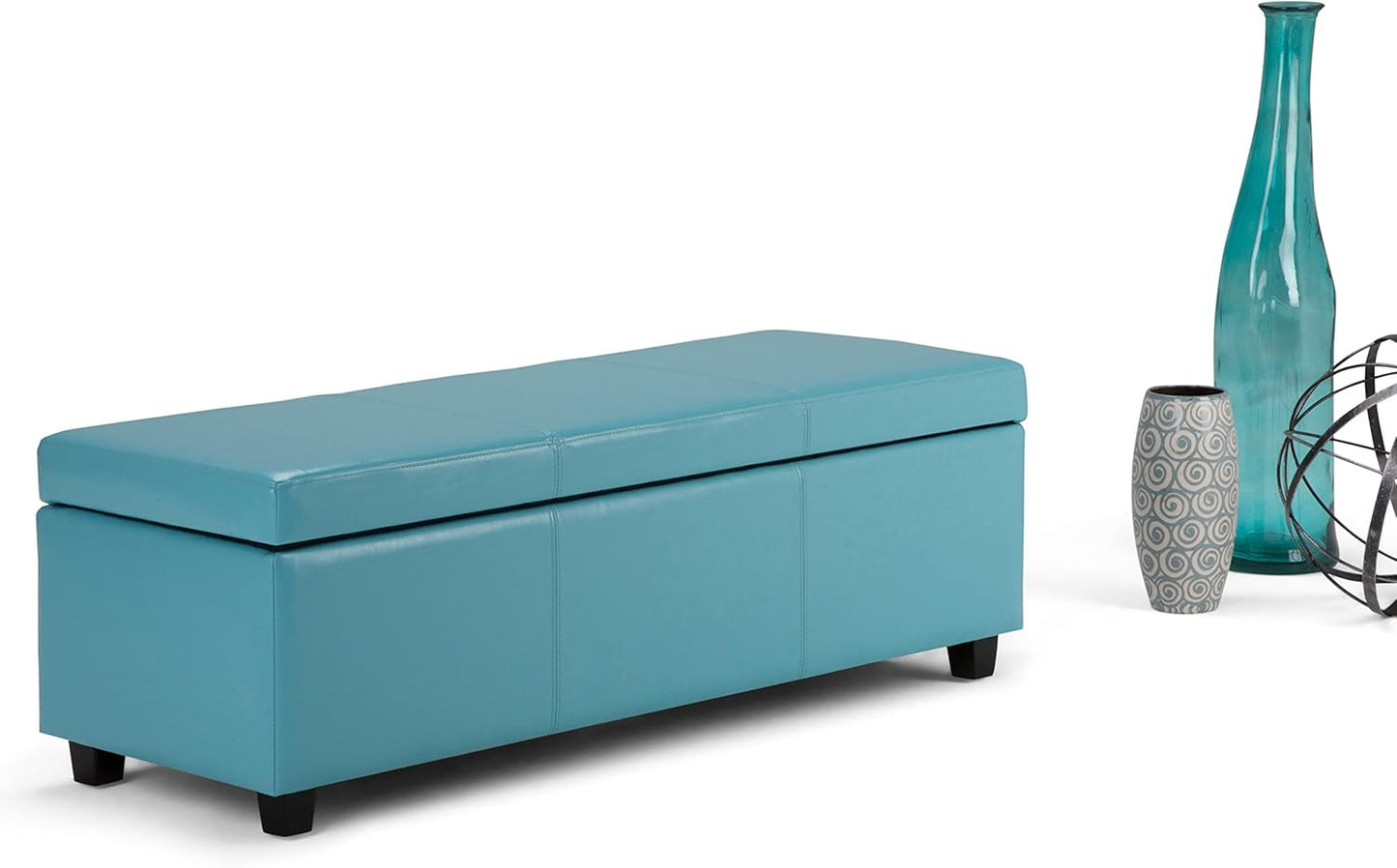 SIMPLIHOME Avalon 48 inch Wide Contemporary Rectangle Storage Ottoman Bench in Soft Blue Vegan Faux Leather, Assembled, For the Living Room, Entryway and Family Room