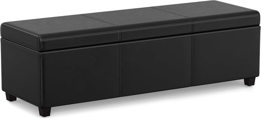 SIMPLIHOME Avalon 54 inch Wide Contemporary Rectangle Extra Large Storage Ottoman Bench in Midnight Black Vegan Faux Leather, Assembled, For the Living Room, Entryway and Family Room