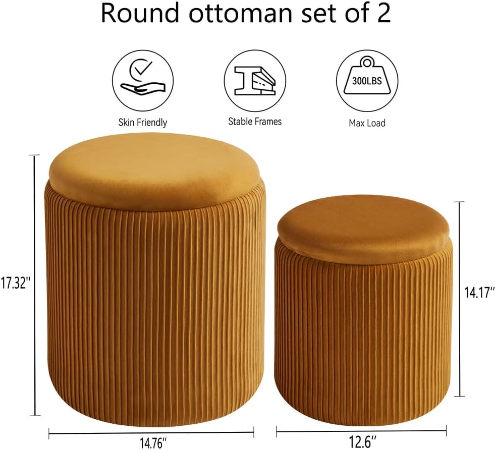 Round Ottoman with Storage Set of 2-Upholstered Velvet Vanity Stool for Makeup Multifunctional Ottomans Coffee Table Padded Seat Foot Rest for Living Room&Bedroom (Yellow-Upgrade Tray Lid)