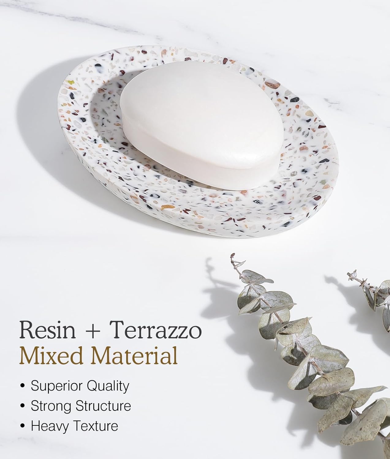 Luxspire Soap Dish, Resin Soap Tray Soap Holder Container Box, Oval Soap Plate Case, Non-Slip, Multi-Purpose Soap Holder, Bathroom & Kitchen Countertop, Terrazzo