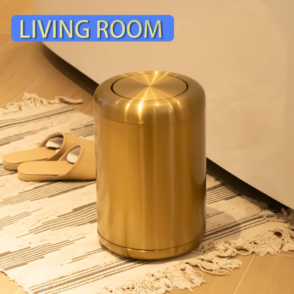 Waste Can 3 Gallon with Swing Lid，Brushed Stainless Steel Gold Trash Can，Metal Cylindrical Garbage Can，Brass Wastebasket Bin for Bathroom,LivingRoom,Office,Kitchen,Bedroom,Hotel (Gold)