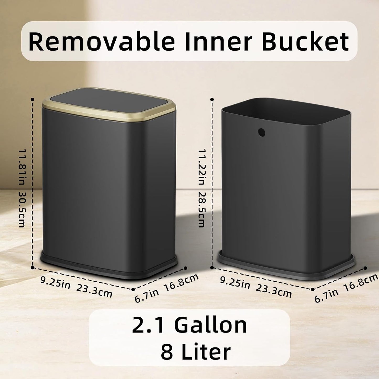 8L/2.1 Gallon Small Bathroom Trash Can with Lid, Swing-Top Rectangular Waste Bin, Stainless Steel Garbage Can for Home, Office, Toilet, Bedroom, Living-Room (Black)