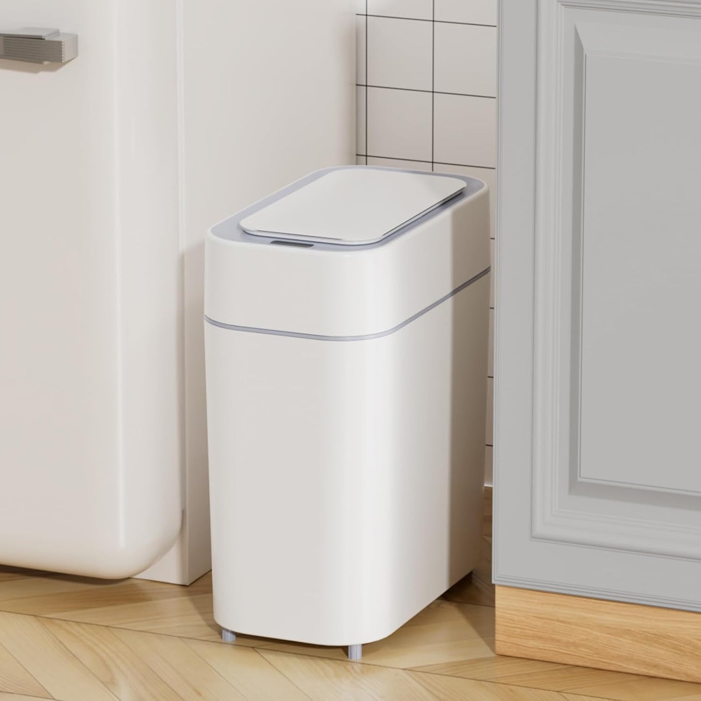 Bathroom Trash Can with Lid: 2.3 Gal Small Slim Motion Sensor Wastebasket, Bag Expansion, Wall Mounted, Automatic, Touchless, Narrow Design for Bathroom, Kitchen and Office, Waterproof