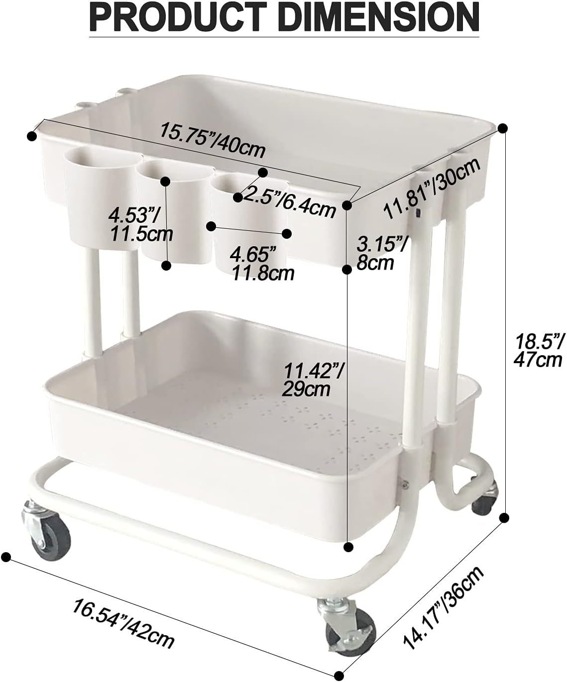 2-Tier Utility Rolling Cart Storage Sofa Side Table with Wheels, Mobile Trolley Organizer with for Office Home Kitchen Organization, Cream White