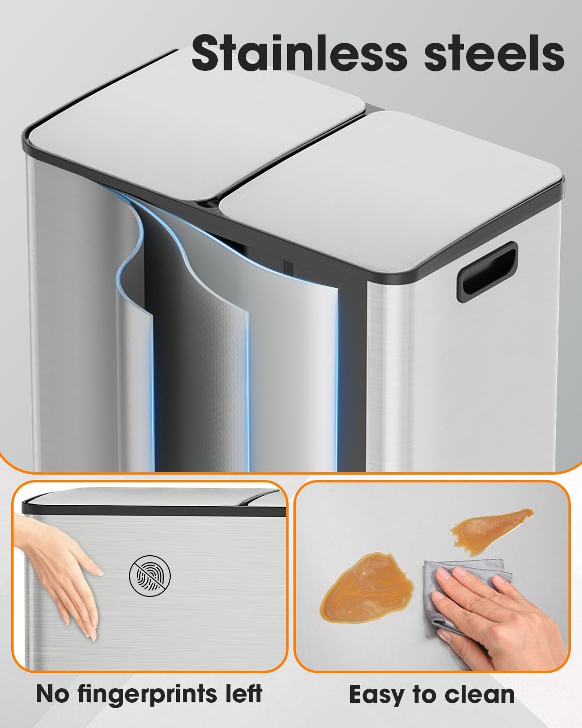 Lovewind Kitchen Trash Can, 2 x 8 Gallon (2 x 30 L) Stainless Steel Trash and Recycle Bin Combo with Soft-Close Lid, Dual Compartment Recycling Kitchen Step Trash Bin, Silver