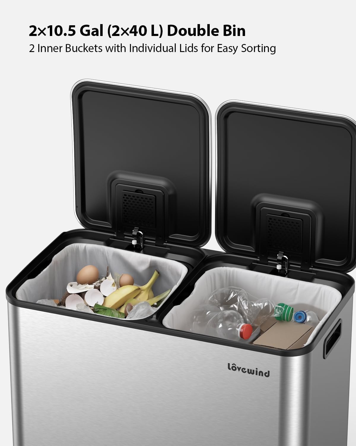 Lovewind Trash Can, 2 x 10.5 Gallon (2 x 40 L) Garbage Can for Kitchen Dual Compartment Recycling Kitchen Step Trash Bin, Stainless Steel Trash and Recycle Bin Combo with Soft-Close Lid, Silver
