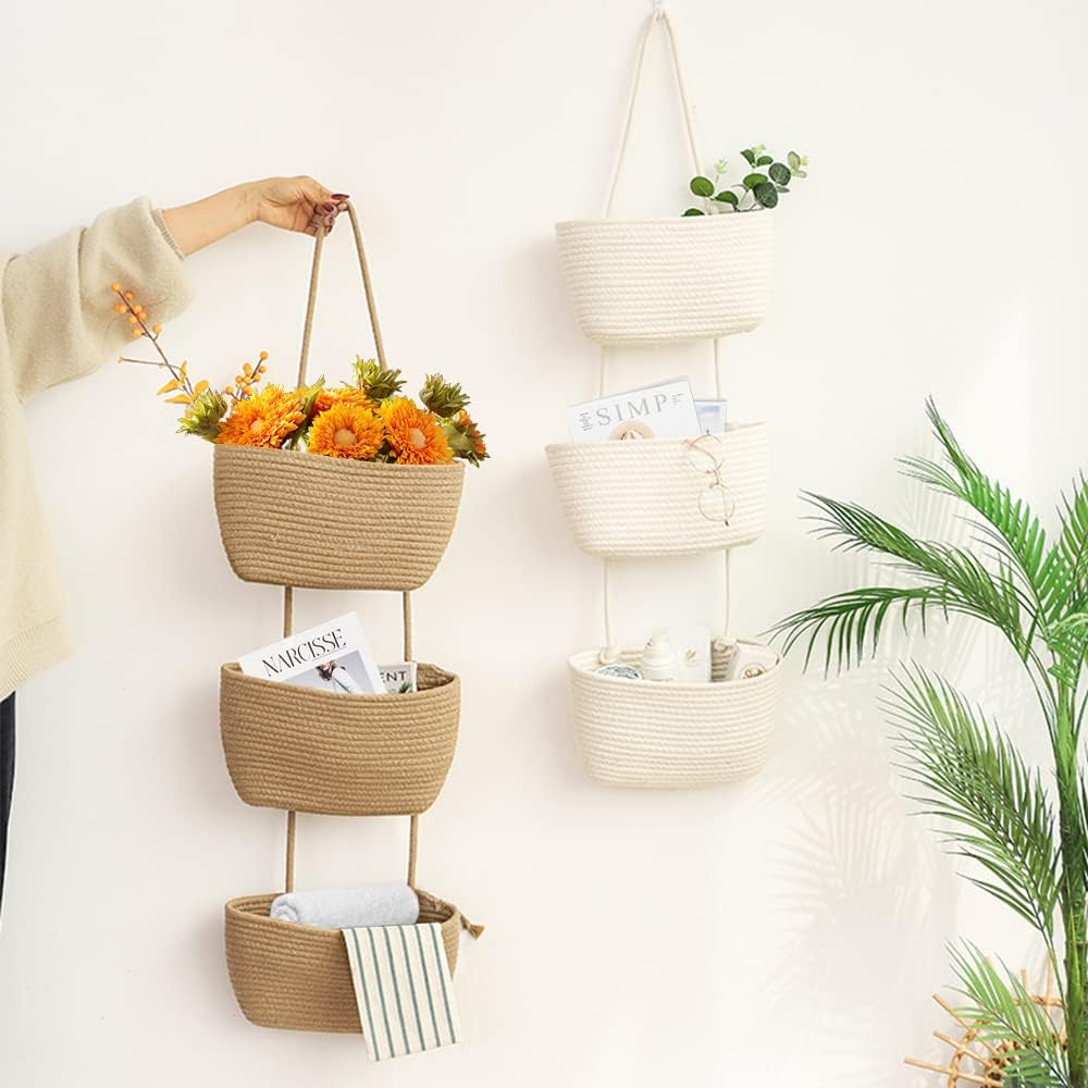 TeoKJ Over the Door Hanging Basket, 3-Tier Woven Cotton Wall-Mounted Storage Organizer Bag Decorative Hanging Nursery Baskets - Jute