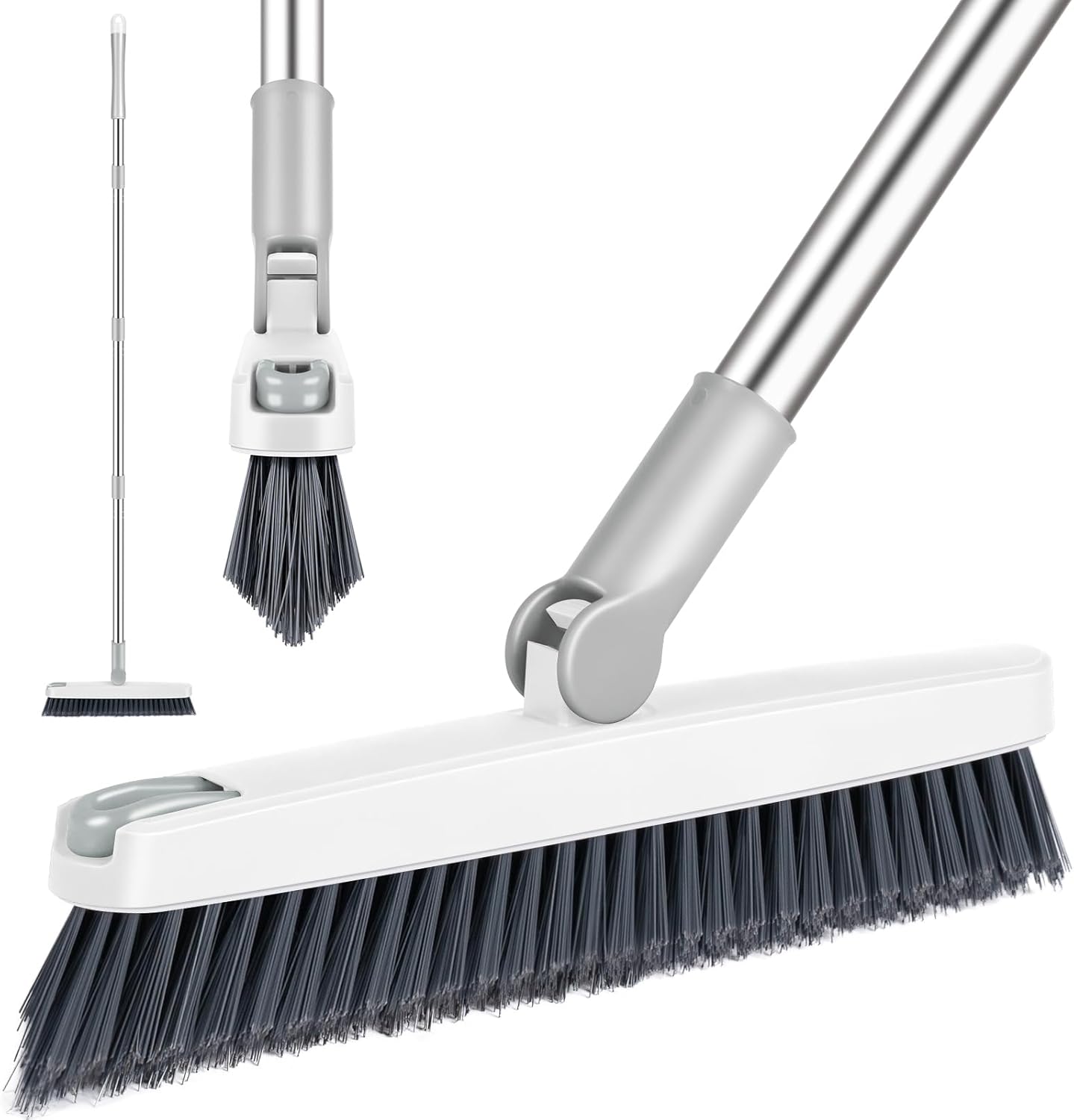 AIR U+ Grout Brush with Long Handle 180° Swivel Scrub Brush with Tweezers to Hair Clip V-Shape Grout Line Scrubber Stiff Bristles for Deep Cleaning Crevice, Tile Line, Shower, Kitchen, Corners(White)