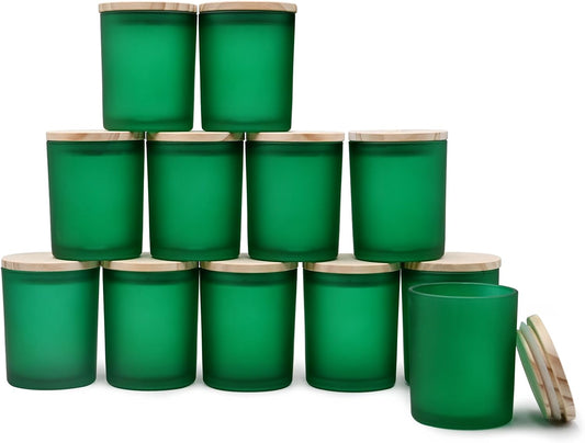 Thick Candle Jars for Making Candles 12 Pcs, 7 OZ Empty Jars with Wood Lids for Candle Making, Sample Container, Frosted Green