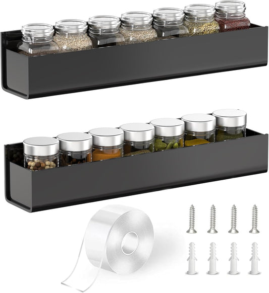 PMMASTO Adhesive Acrylic Spice Rack Organizer for Wall with Nano Double Sided Tape, Spice Shelf Organization for Kitchen Cabinet Door/Pantry Door, Wall Mount Seasoning Rack (Black-2 Pack)