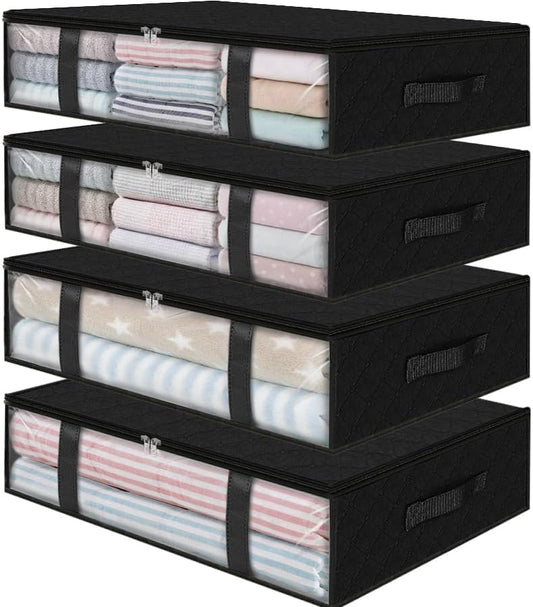 StorageRight Under Bed Storage Bins, 4-Pack 40L Foldable Fabric Storage Bags with Transparent Window, Breathable Organizer for Clothes/Blanket/Comforter/Quiltr, Black
