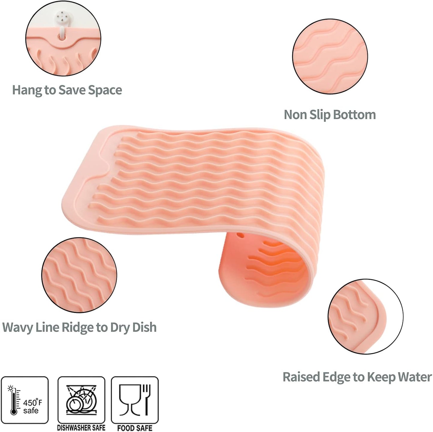 Silicone Dish Drying Mat for Multiple Usage,Easy clean,Eco-friendly,Heat-resistant Silicone Mat for Kitchen Counter or Sink,Refrigerator or Drawer Liner Pink S 12 inches x 6 inches