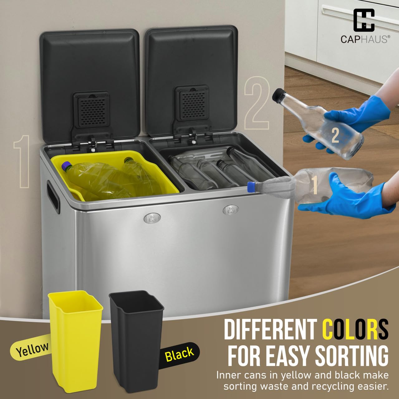 CAPHAUS Dual Trash Can with Double Lid, Trash and Recycle Bins Combo, Hands-Free Stainless-Steel Garbage Can for Kitchen, with 2 Compartment, Hinged Lid, Odor Filters, Handles, 30L+30L, 2 x 8 Gallon