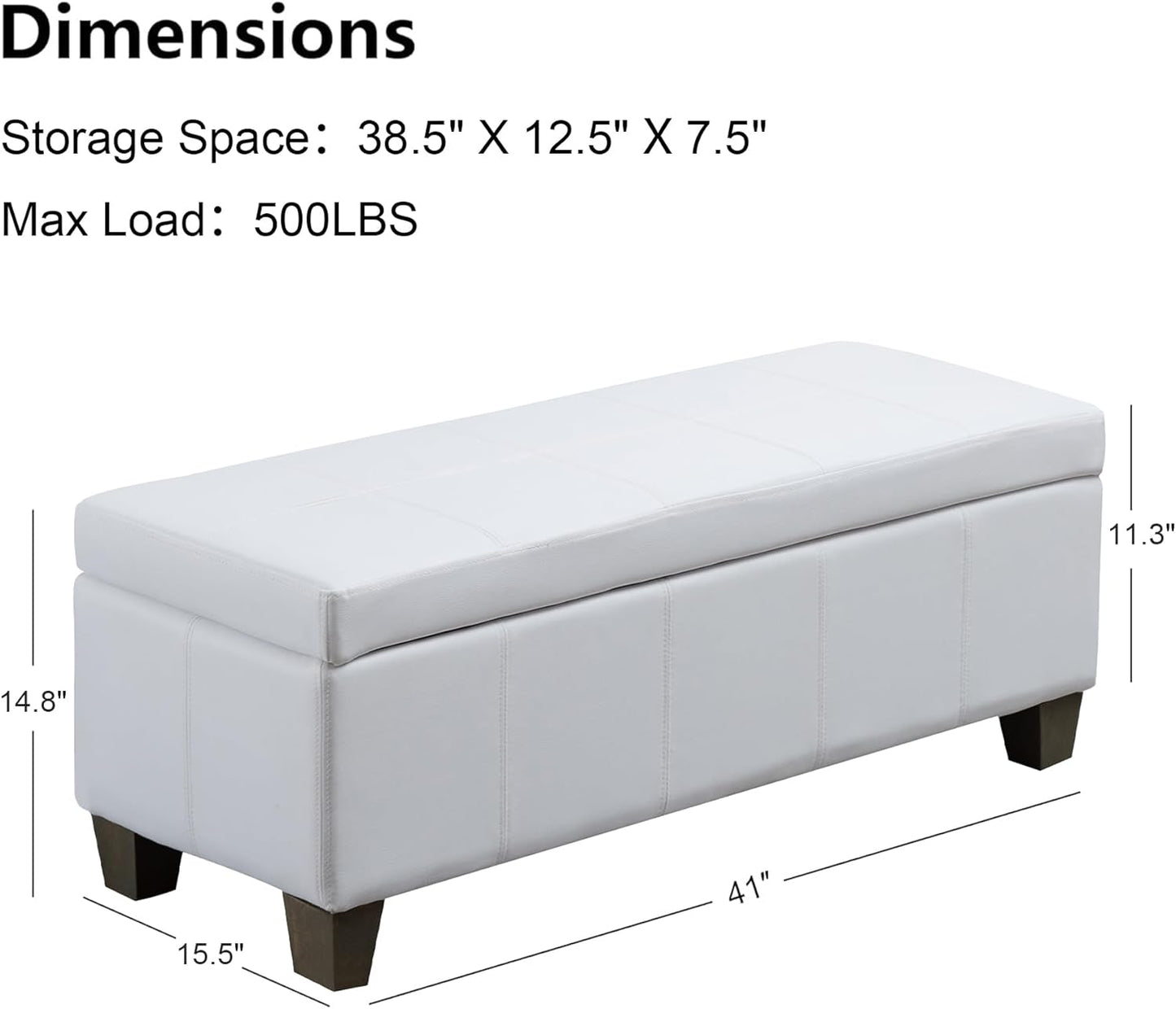 White Faux Leather Ottoman with Storage, Rectangular Extra Long Storage Bench for Bedroom and Living Room
