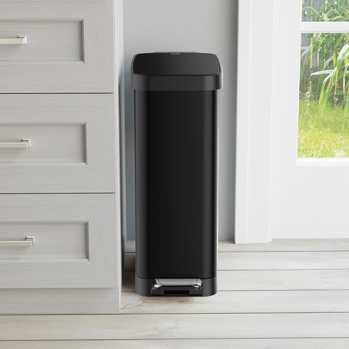 Glad Slim Trash Can with Clorox Odor Protection - Narrow Kitchen Garbage Bin with Soft Close Lid, Step On Foot Pedal and Waste Bag Roll Holder, Black, 45 Liter